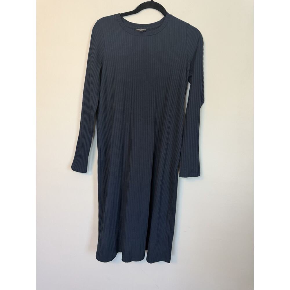 Eileen Fisher Navy Blue Ribbed Long Sleeve Tencel Dress Stretchy M petite NEW